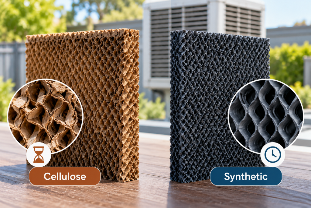 comparison of cellulose and synthetic evaporative cooling pads