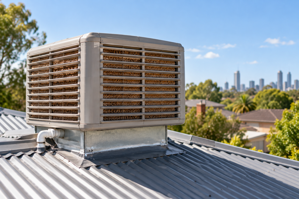 evaporative cooler in summer and split system heating in winter