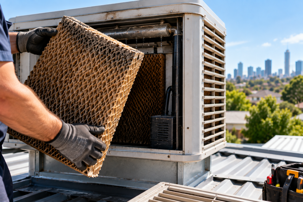 technician inspecting and replacing an evaporative cooler cooling pad