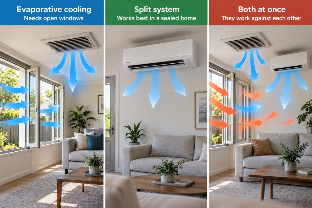 evaporative cooling and split system airflow in an open and sealed home
