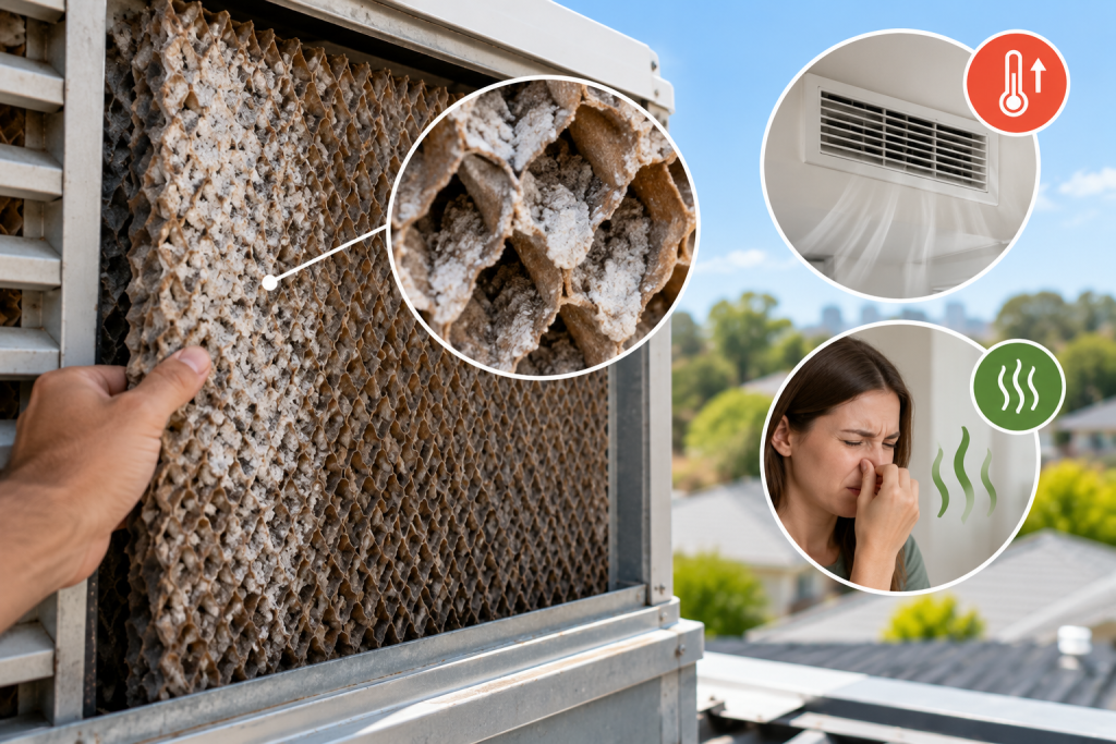 evaporative cooling pad with mineral buildup causing reduced airflow and musty smell